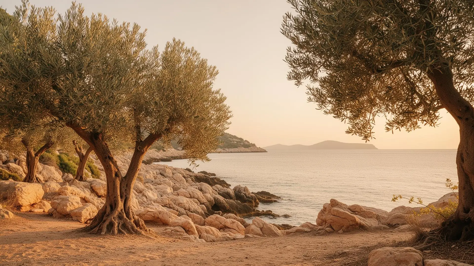 Olivenbäume an einer Bucht auf Mallorca im warmen Abendlicht